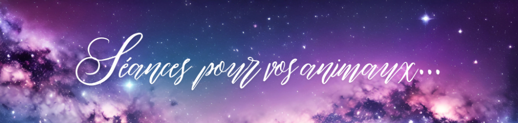 Fond énergétique violet et bleu avec étoiles, symbolisant l'univers et le monde subtil de l'énergéticienne Jennifer (Jen & Sens) avec texte Séances pour vos animaux