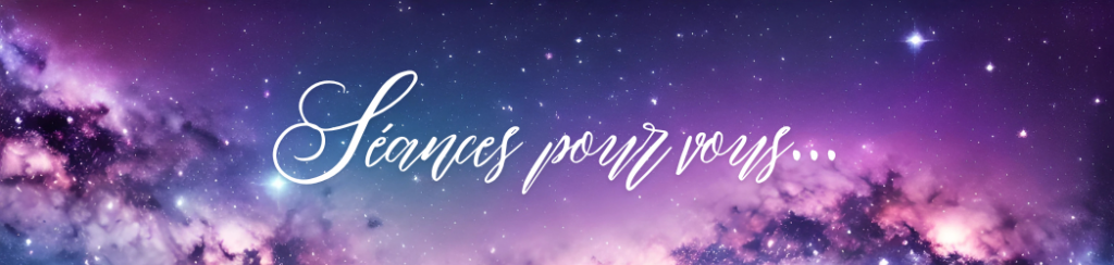 Fond énergétique violet et bleu avec étoiles, symbolisant l'univers et le monde subtil de l'énergéticienne Jennifer (Jen & Sens) avec texte Séances pour vous